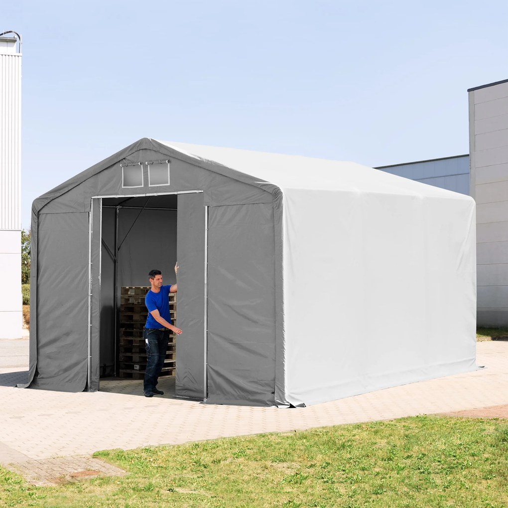TOOLPORT 6x6m Hala namiotowa - 3,0 m wysokość ścian bocznych z bramą przesuwną, PVC 850, szary, ze statyką (podłoże gruntowe) - (93874)