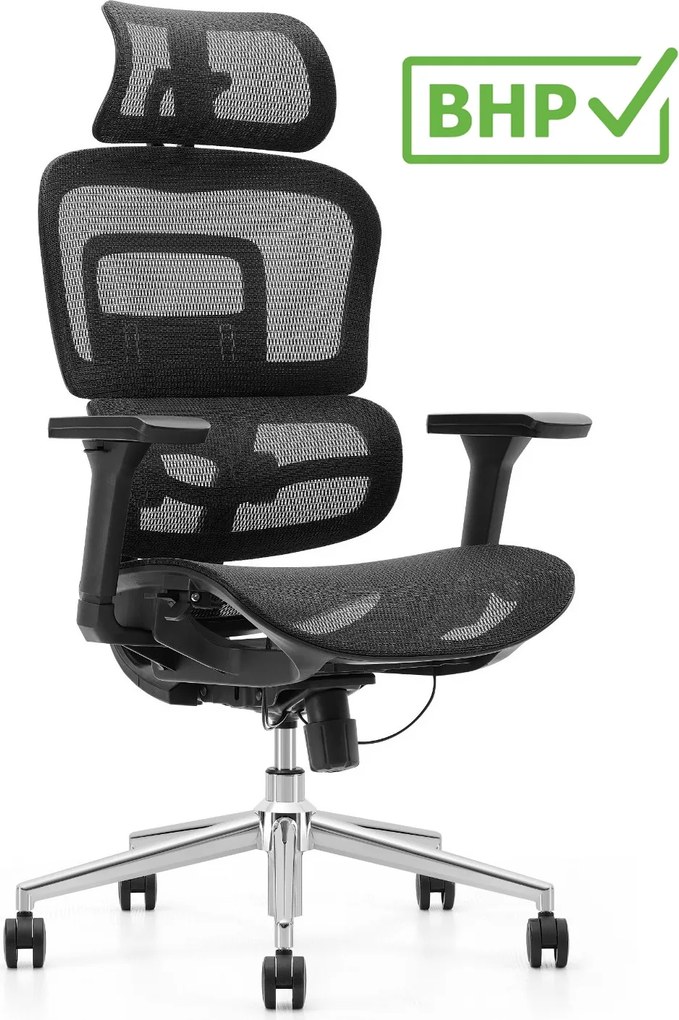 Fotel biurowy siatkowy Ergomix z zagłówkiem, zgodny z normą BHP