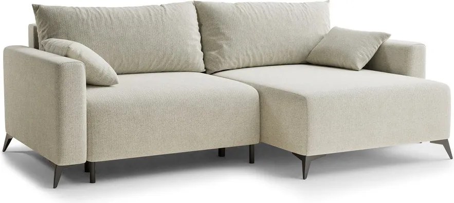 Kremowy rozkładany narożnik ze schowkiem z tkaniny szenilowej (prawostronny/z szezlongiem) Leon – Maison de Rêve