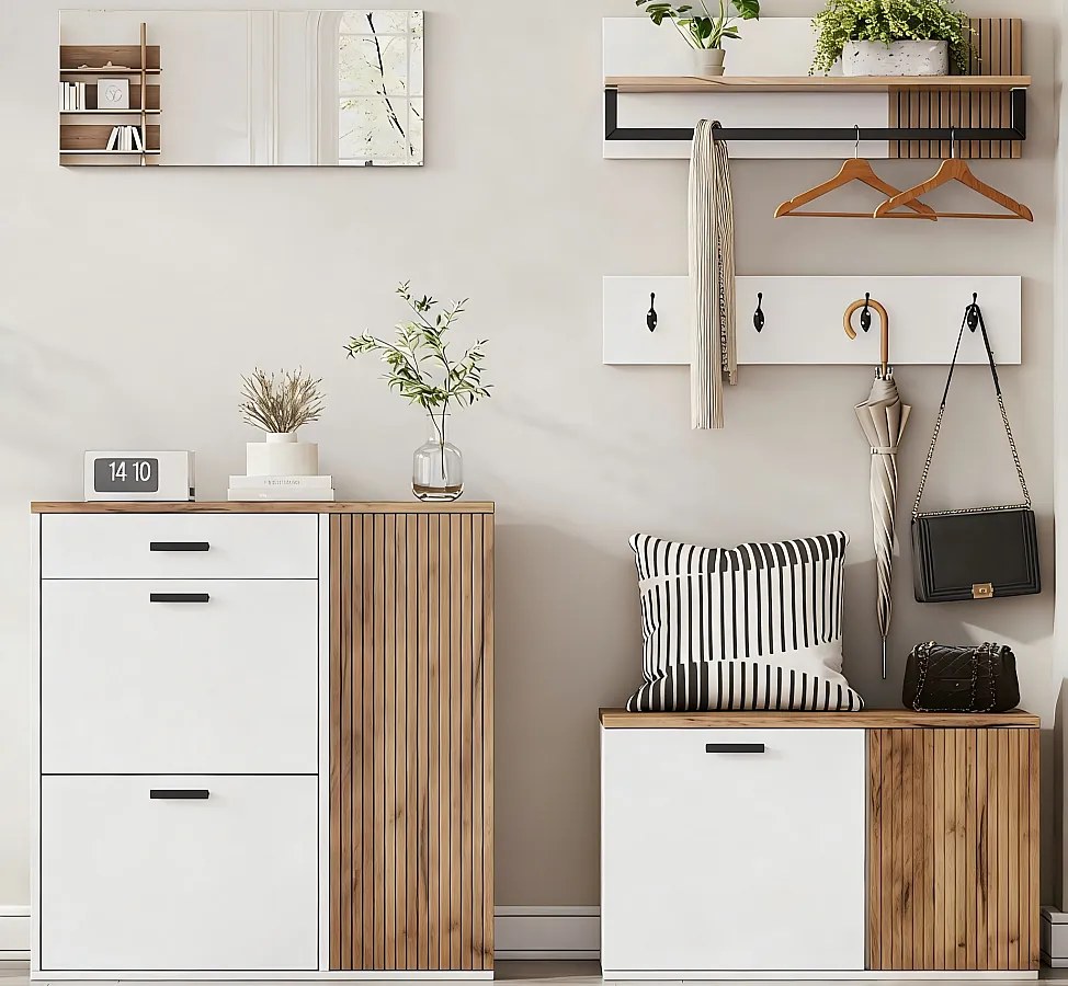 Zestaw wiatrołapowy - Szafa na buty i ławeczka na buty - Wieszak na ubrania i 4 wieszaki - Lustro - Naturalny+Biały