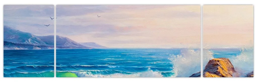 Obraz fal uderzających w klify, obraz olejny (170x50 cm)