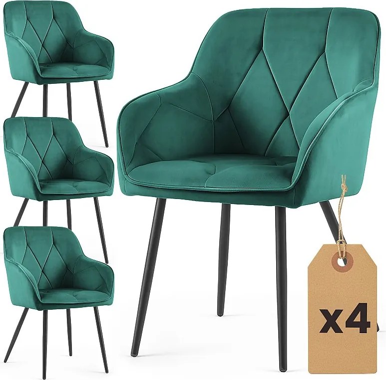 4x Welurowe krzesło tapicerowane pikowane Butelkowa Zieleń DIAMANTE Czarne nogi