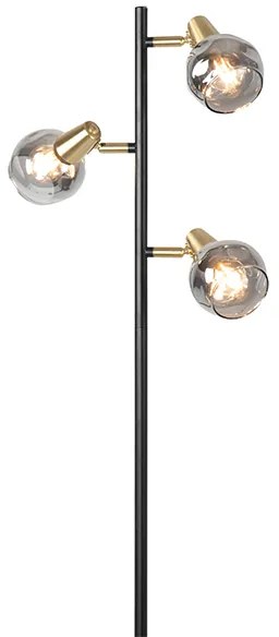 Lampa podłogowa art deco czarna i złota z przydymionym szkłem 3-punktowa - Vidro ArtDeco Oswietlenie wewnetrzne