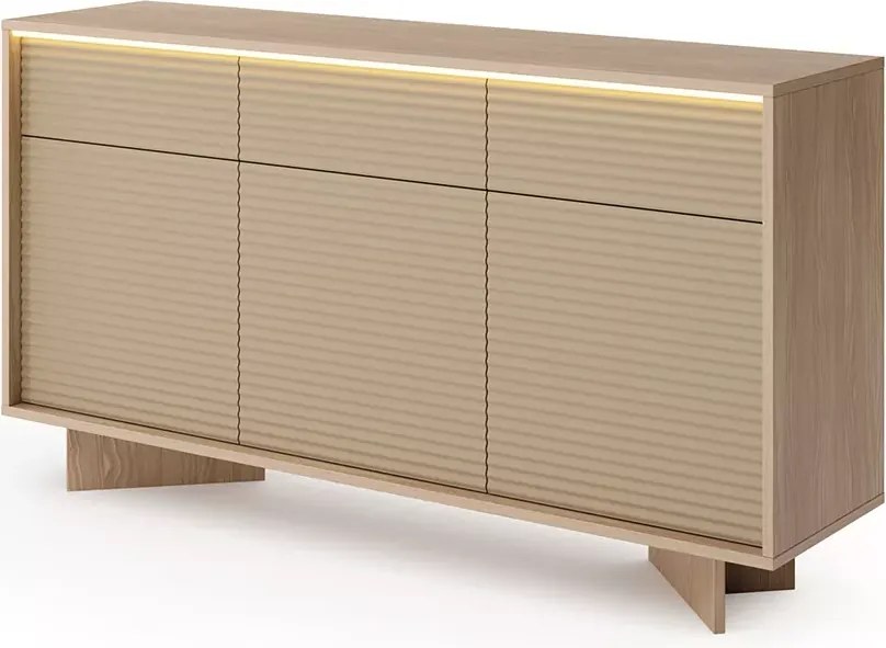 Komoda Parsja 3D3S 154 cm LED – komoda do salonu z szufladami, ryflowane fronty, bolivar naturalny / cappuccino, push-to-open