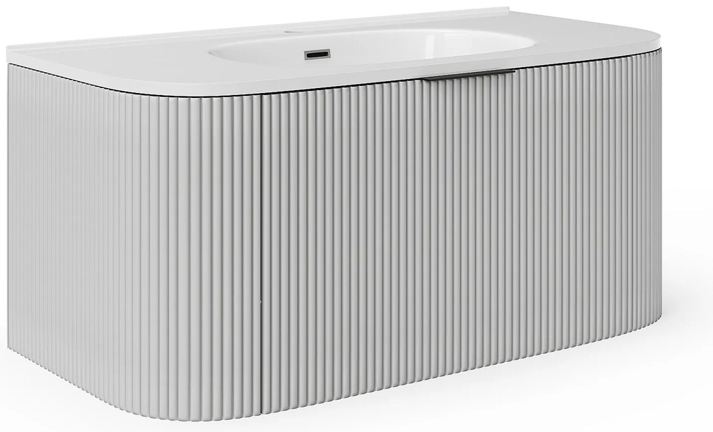 Szafka łazienkowa wisząca  ryflowana z umywalką wpuszczaną w blat - Biały mat - 100 cm - LOMERI