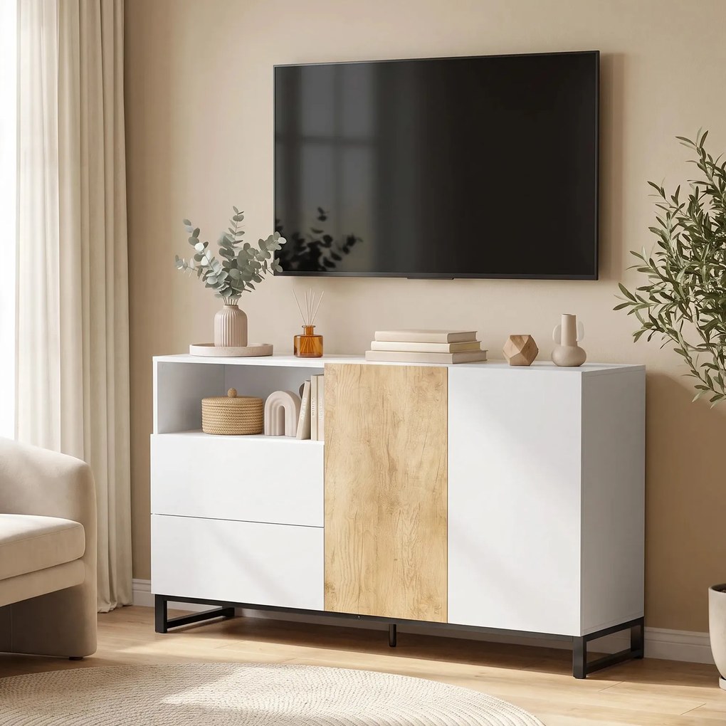 HOMCOM Komoda nowoczesna szafka do przechowywania z 2 drzwiami Soft-Close i 2 szufladami 140x40x85 cm, biały | Aosom PL