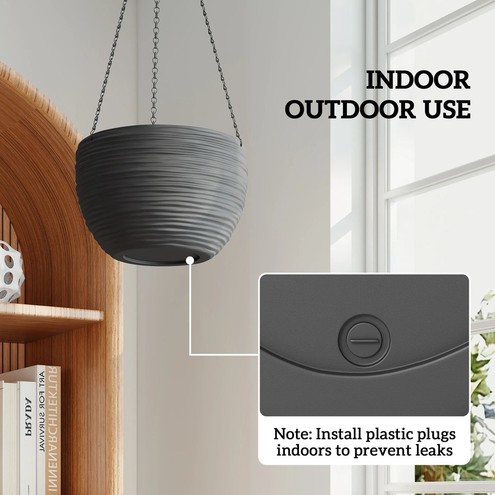 Outsunny Pojemniki na rośliny do wnętrz i na zewnątrz, samonawadnianie, wiszące donice z metalowymi łańcuchami, 4 sztuki, czarne | Aosom PL