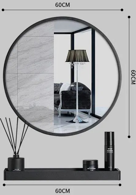Zestaw okrągłe czarne lustro 60 cm z półką H2-D58