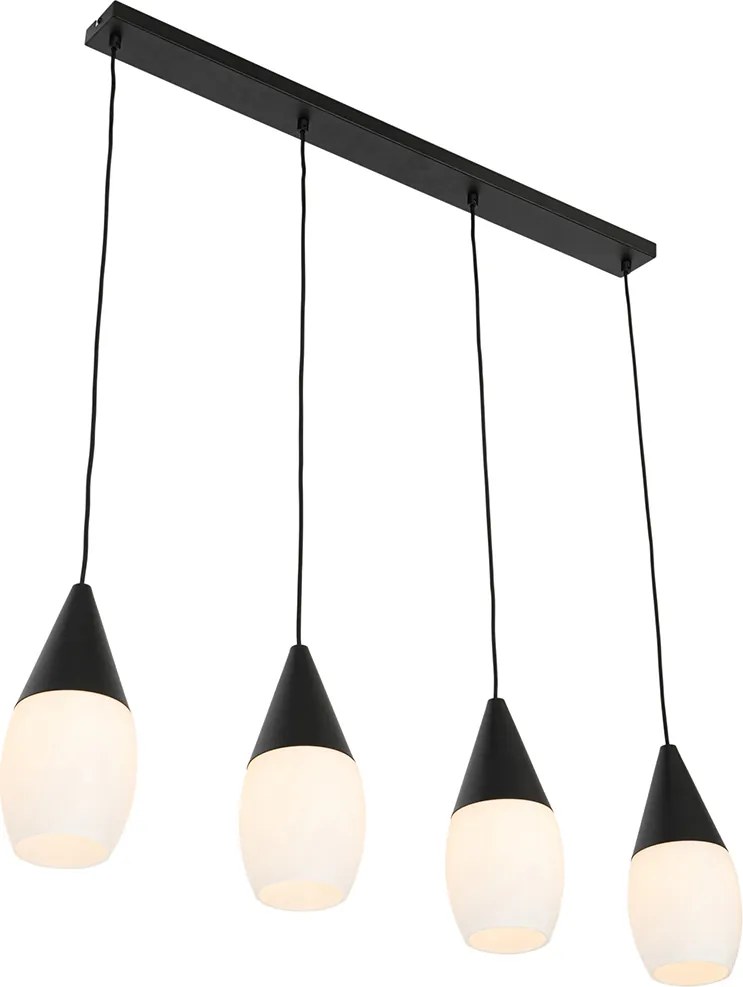 Nowoczesna lampa wisząca czarna z opalowym szkłem 4-światłowa - Drop