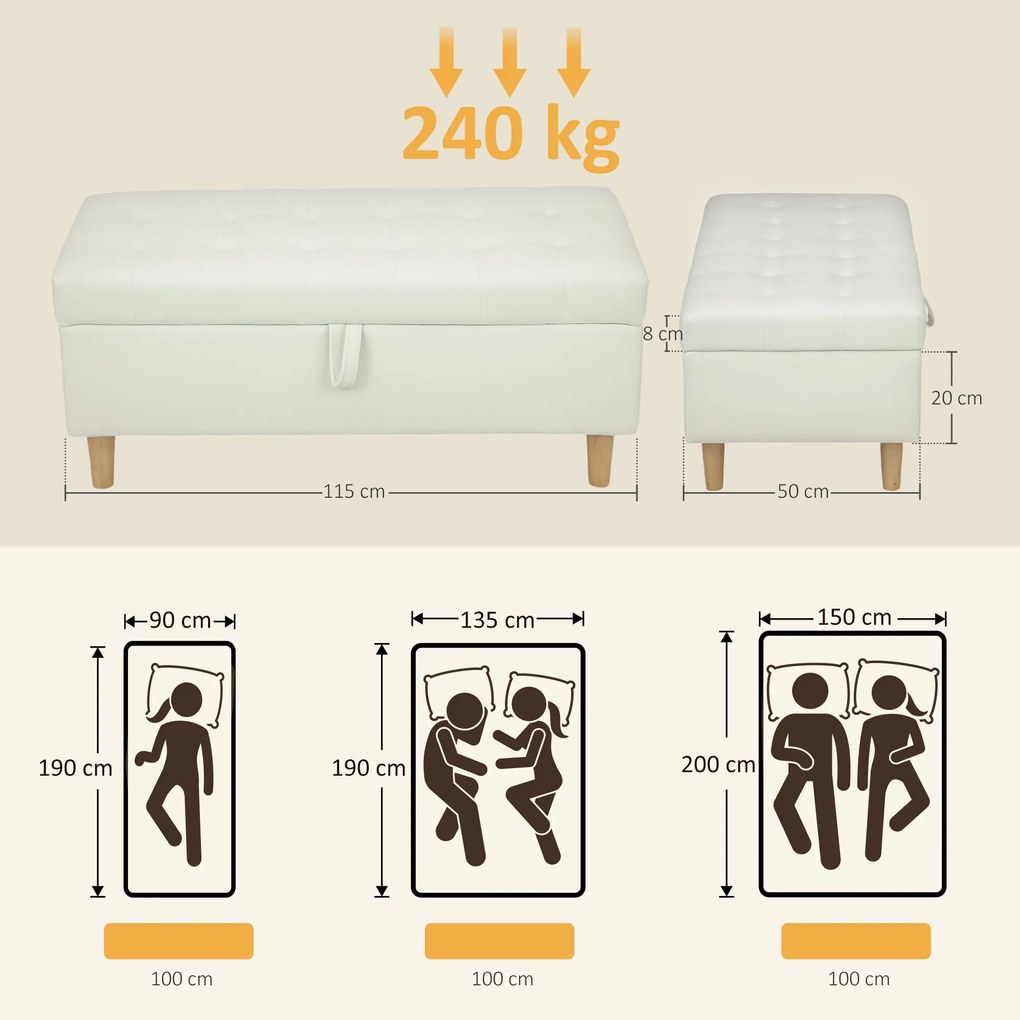 HOMCOM Puf z funkcją przechowywania, drewniane nogi, miękki materiał, Kremowy