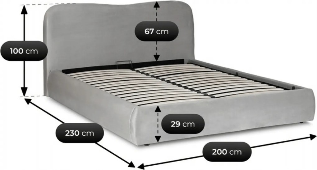 Łóżko Tapicerowane 180x200 cm ze Stelażem i Pojemnikiem Dwuosobowe BRISTOL Szare Welurowe