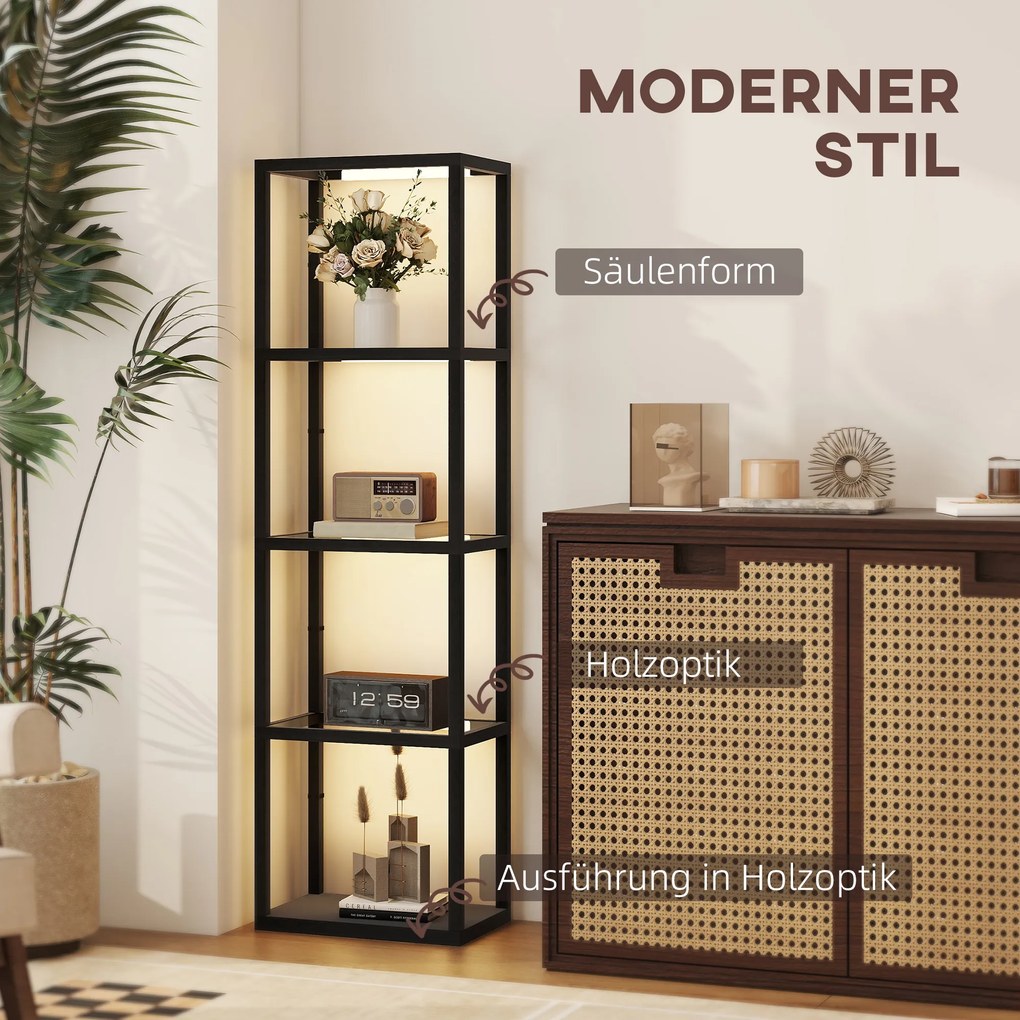 HOMCOM Lampa podłogowa LED z 4-półkowym regałem, regał świetlny z 4 szklanymi półkami, przełącznik nożny, MDF, Czarny