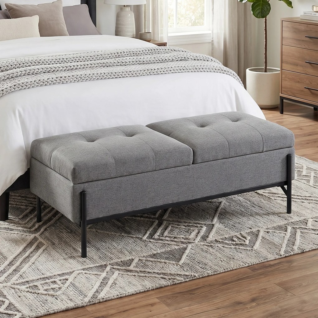 HOMCOM Skrzynia z tkaniny lnianej, ławka z 2 schowkami, składanymi klapami i ekstra grubą poduszką, 117 x 50 x 44 cm | Aosom PL