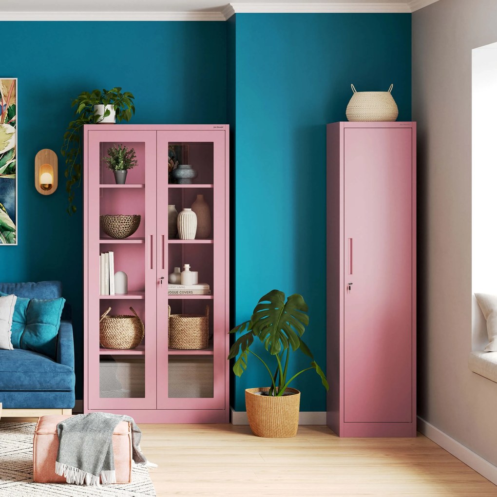 Wąska szafka do biura ALEX, 450 x 1850 x 400 mm, Fresh Style: pudrowy róż