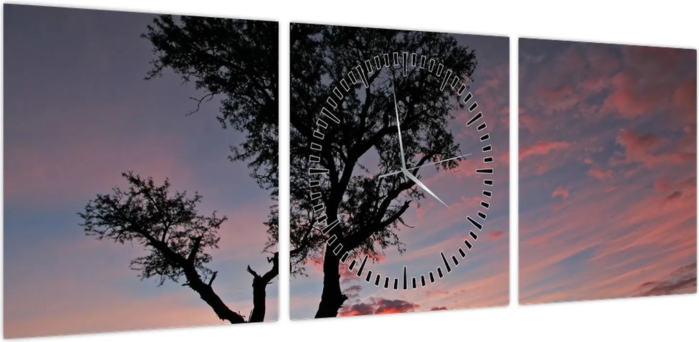 Obraz - Drzewo i czerwonawe odcienie (z zegarem) (90x30 cm)
