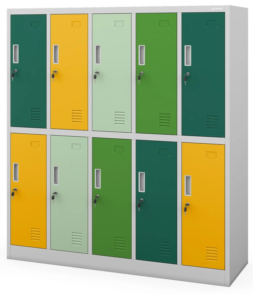 Szafka szkolna BHP szaro-wielokolorowa: 10-drzwiowa BARTUŚ, 1360 x 1500 x 450 mm