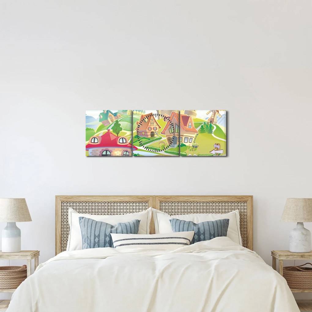 Obraz - Kolorowe miasteczko (z zegarem) (90x30 cm)