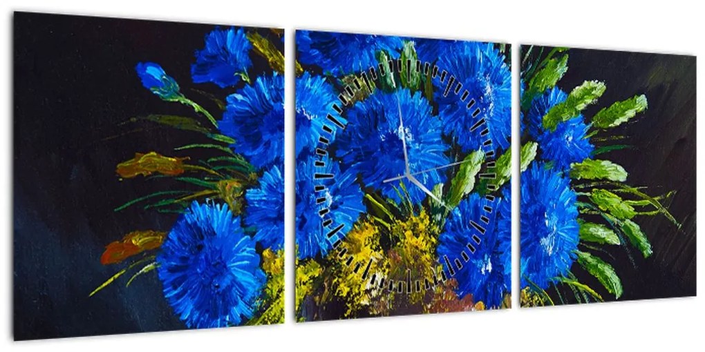 Obraz niebieskich kwiatów w wazonie (z zegarem) (90x30 cm)