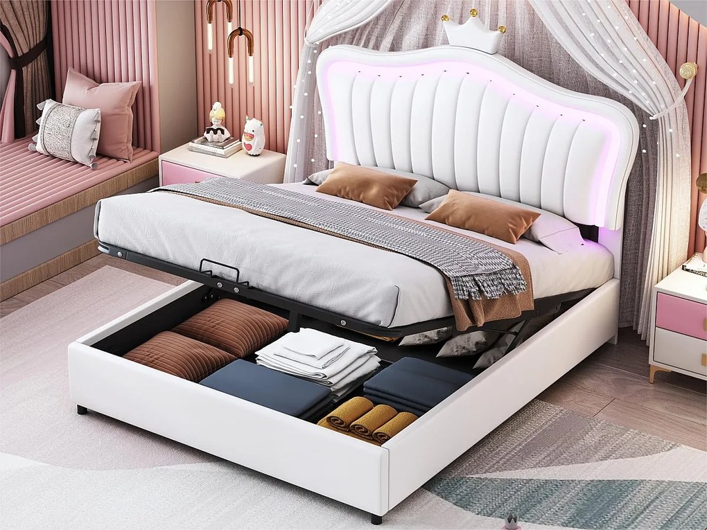 Łóżko tapicerowane z ekoskóry 140x200 cm - z LED i stelażem na listwy - Białe