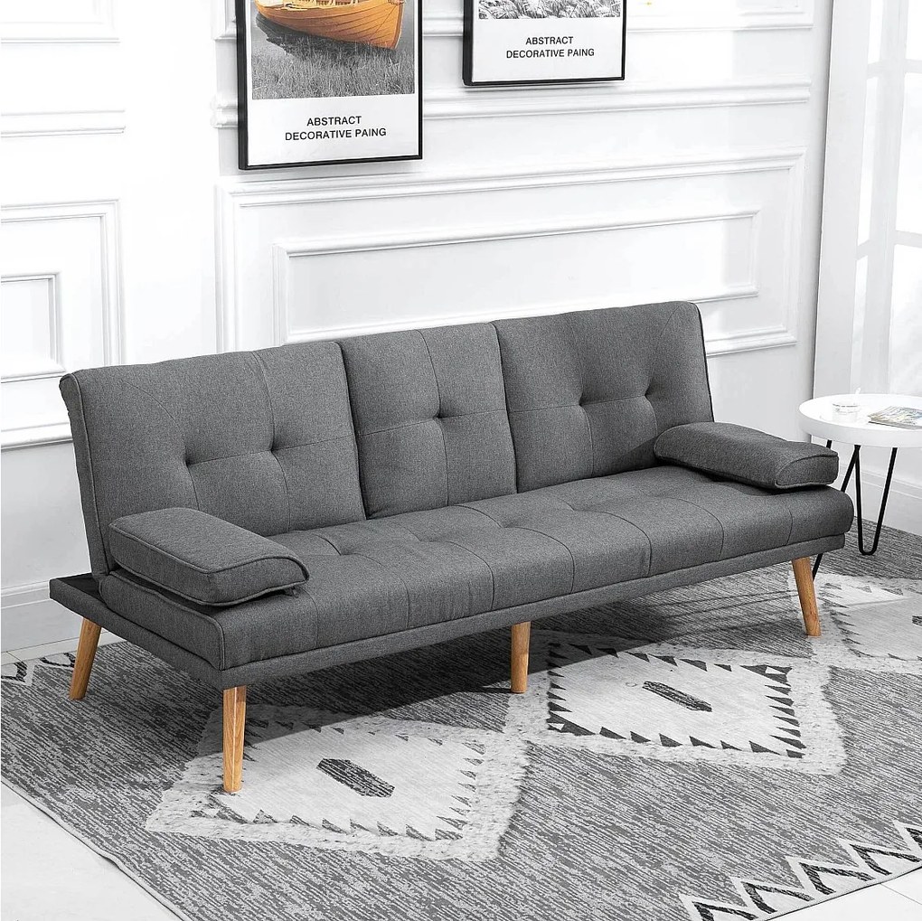 Szara sofa 3-osobowa - Sofa ze składanym stolikiem i uchwytem na kubki - regulowane oparcie