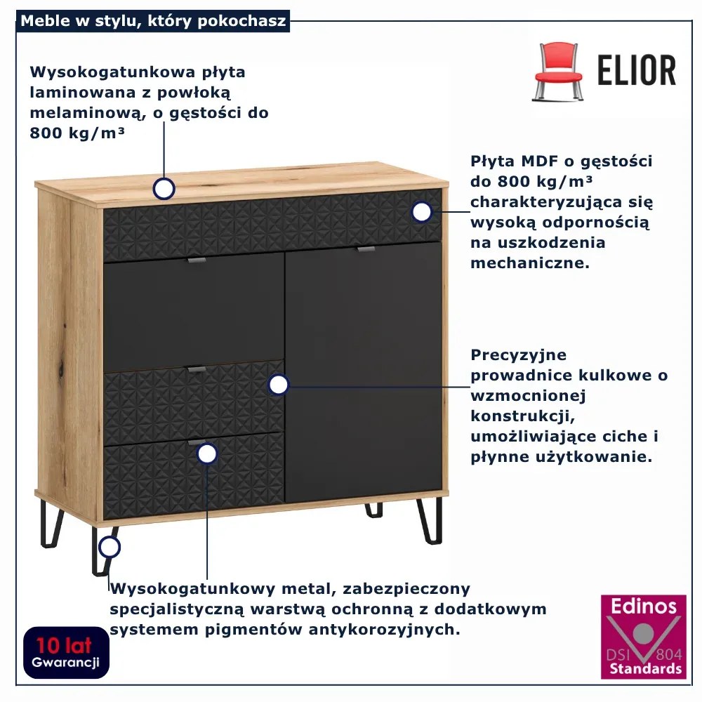 Komoda z szufladami na nóżkach dąb evok + czarny H6-M32