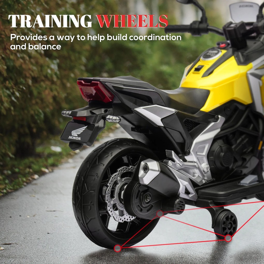 AIYAPLAY Elektryczny motocykl dziecięcy Honda, 3 km/h, muzyka i światła, 3-6 lat, do 30 kg, Żółty