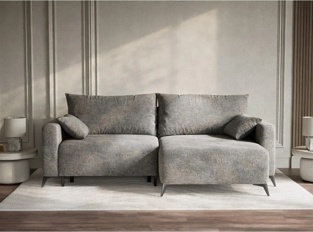 Szary rozkładany/ze schowkiem narożnik z tkaniny szenilowej (prawostronny/z szezlongiem) Leon – Maison de Rêve