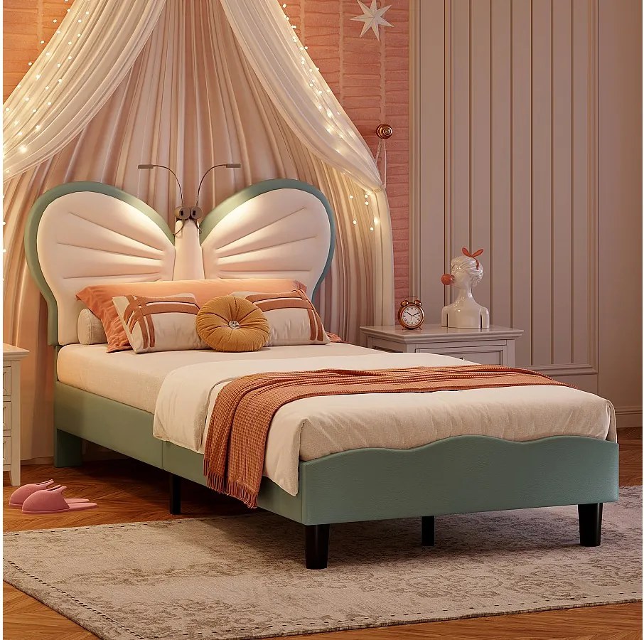 Łóżko dziecięce 90×200 cm niebiesko-białe z zagłówkiem w kształcie motyla, lampką do czytania LED i regulacją wysokości