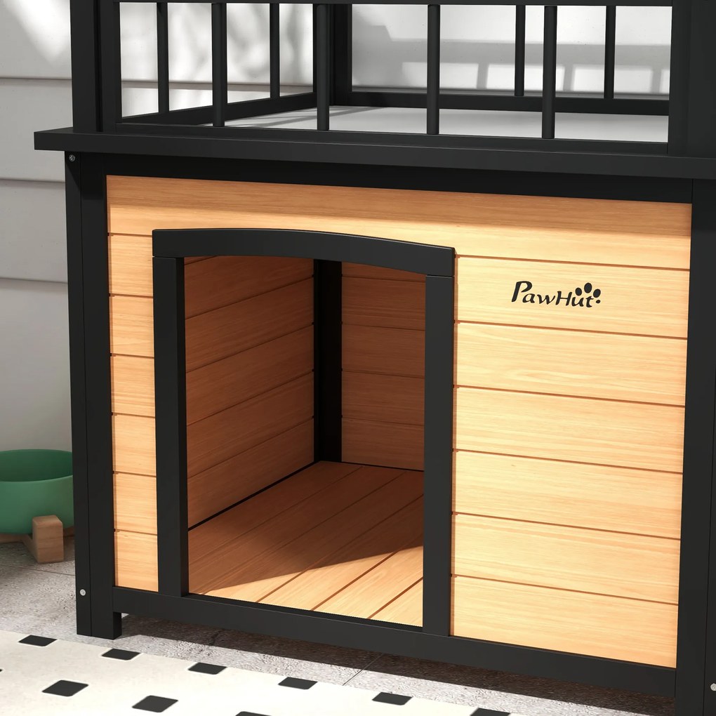 PawHut Drewniany domek dla psa z tarasem odporny na warunki atmosferyczne 121x77x78 cm czarno-żółty | Aosom PL