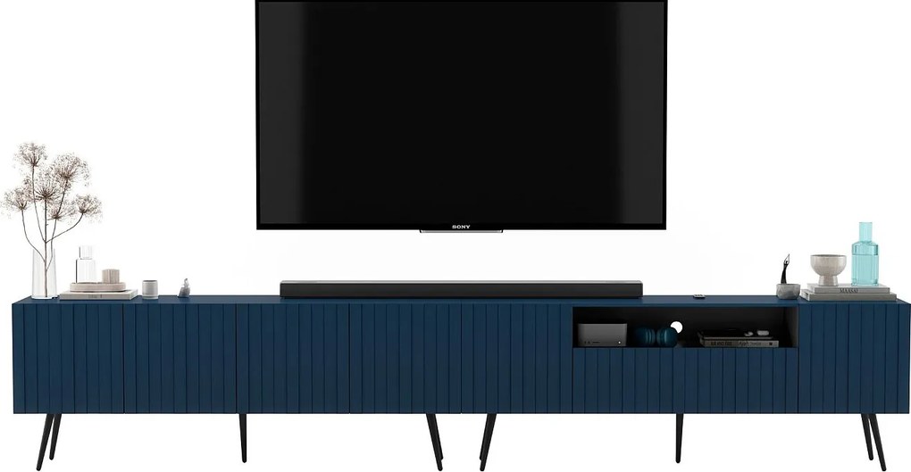 Szafka RTV z 7 drzwiami i wnęką – Korpus granatowy mat, fronty ryflowane granatowy mat – 300 cm, czarne nóżki