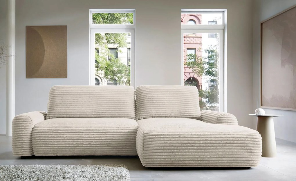 Kremowa sztruksowa kanapa narożna z pojemnikiem P7-D10