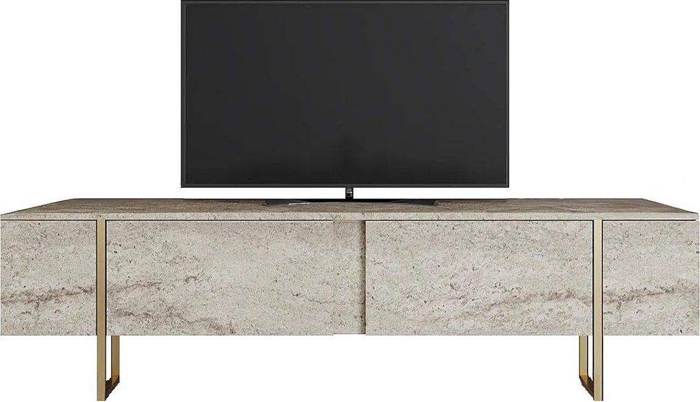 Szafka RTV 2-drzwiowa - Efekt beżowego trawertynu i złoty - ZIRELDA