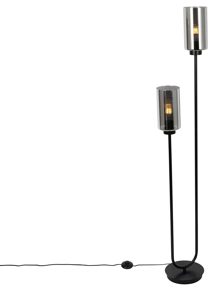 Lampa podłogowa art deco czarna z przydymionym szkłem 2-światła - Laura ArtDeco Oswietlenie wewnetrzne