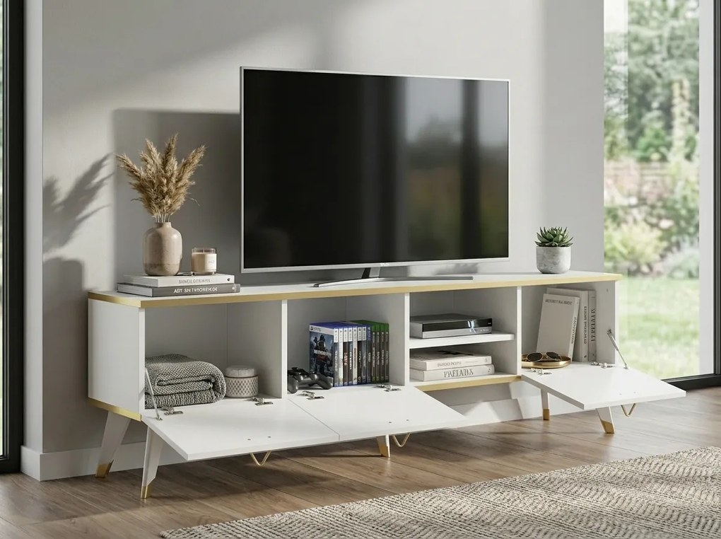 Stolik RTV CAROL 160 cm, biały/złoty