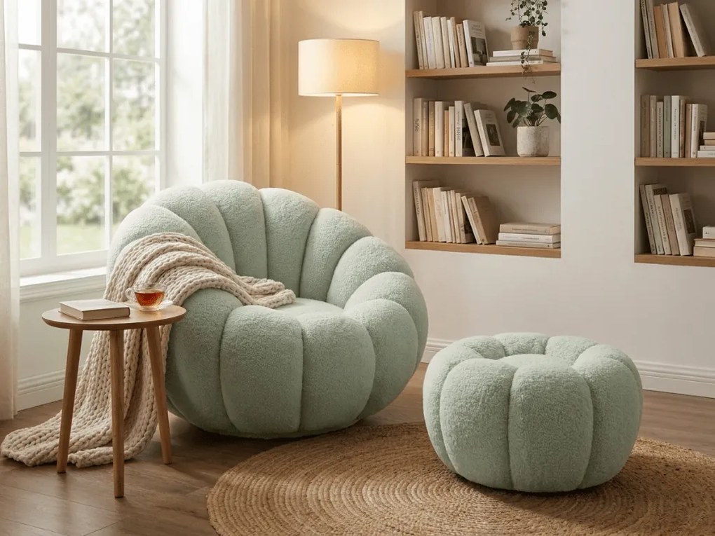 Obracjane designerskie krzesło BLOOM z podnóżkiem, jasnozielone