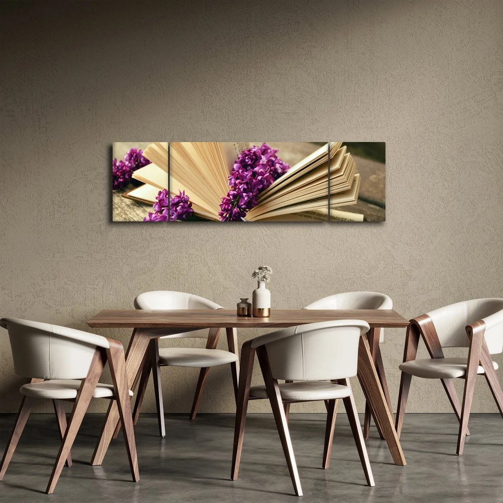 Obraz książki i fioletowych kwiatów (170x50 cm)