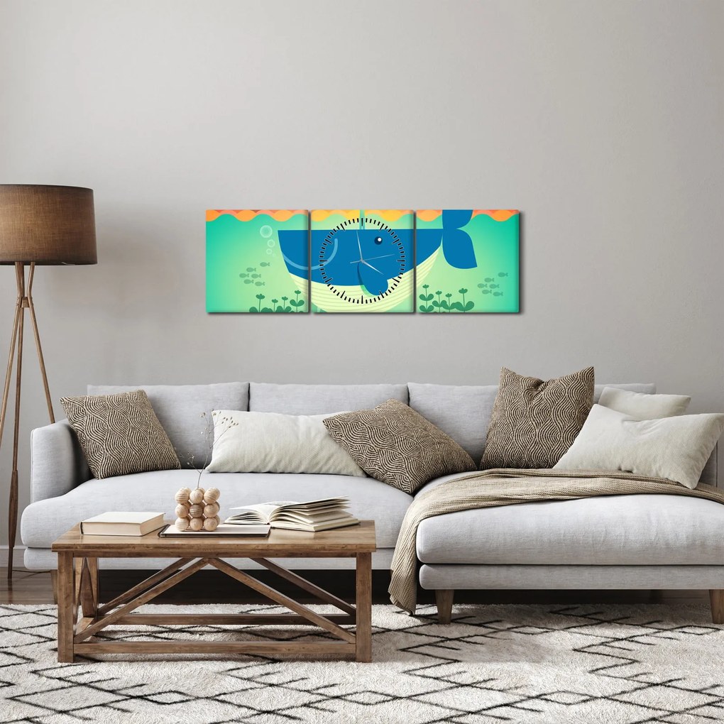 Obraz - Wesoły wieloryb w morzu (z zegarem) (90x30 cm)