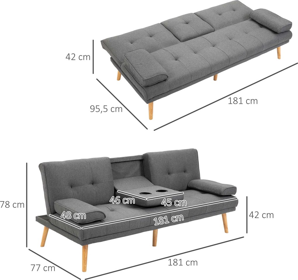 HOMCOM Sofa 3osobowa Rozkładana z Stołem Len Imitacja 181x77x78cm Ciemnoszara | Aosom PL