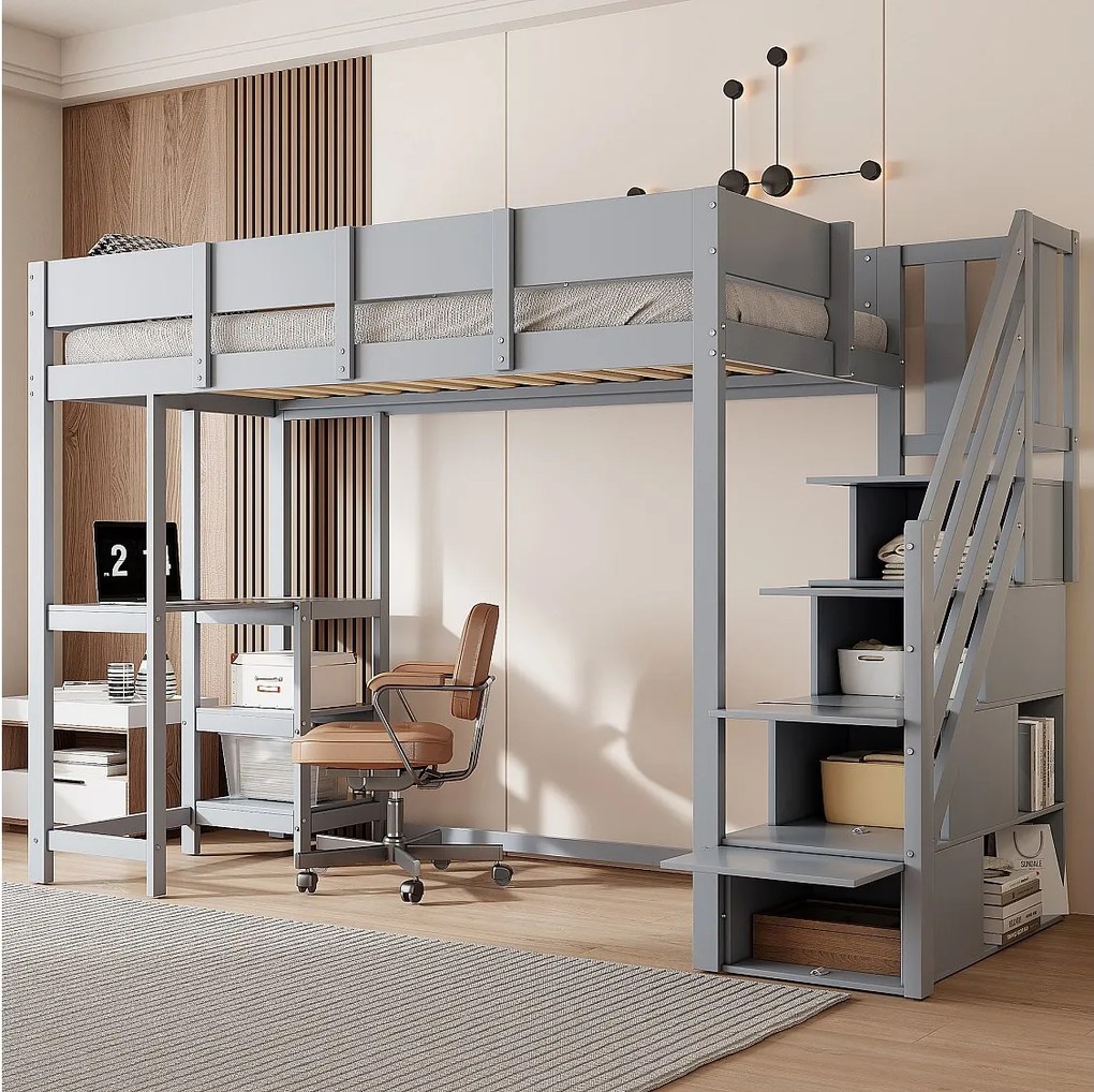 Łóżko antresola z półką - 90 x 200 cm - z biurkiem + schowkiem w schodach - drewno + MDF - szare