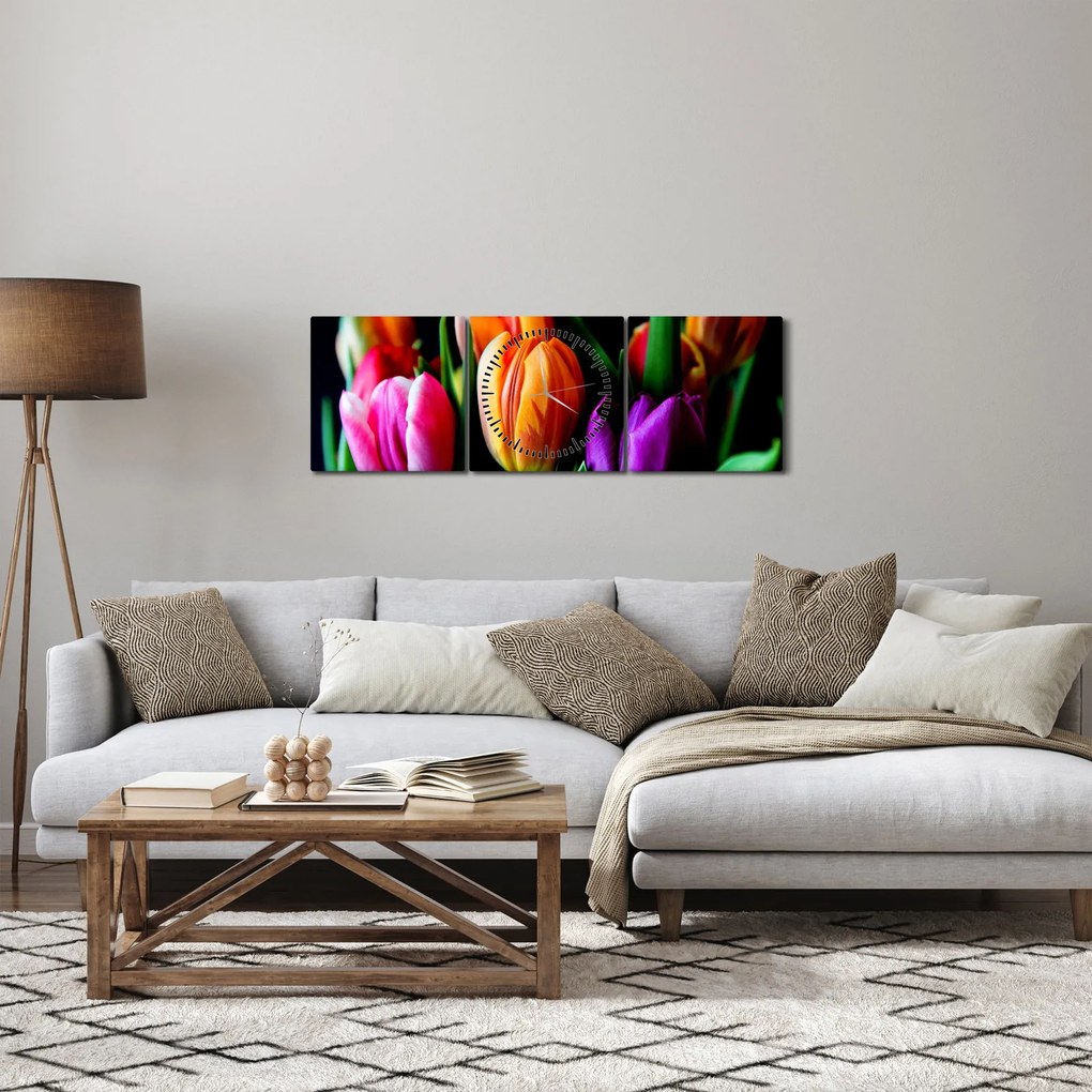 Obraz tulipanów na czarnym tle (z zegarem) (90x30 cm)