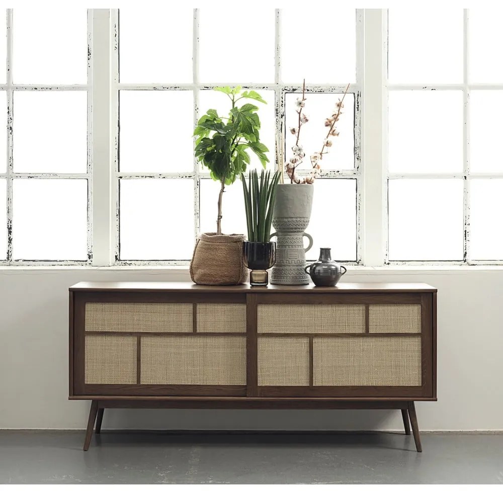 Ciemnobrązowa niska komoda w dekorze dębu z drzwiami przesuwnymi 180x80 cm Barrali – Unique Furniture