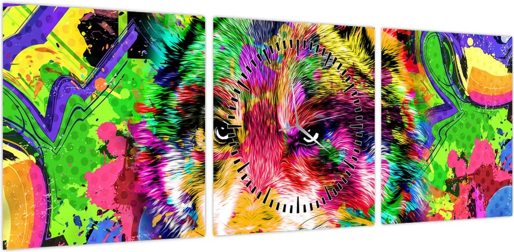 Obraz - Wilk z graffiti (z zegarem) (90x30 cm)