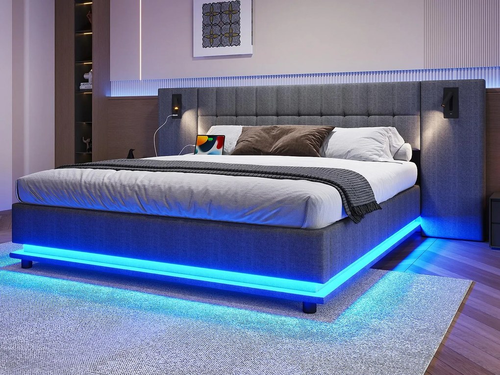 Podwójne łóżko tapicerowane 180×200 cm - z taśmą LED - zagłówek z punktowymi światłami - z portem USB - len - szare (bez materaca)
