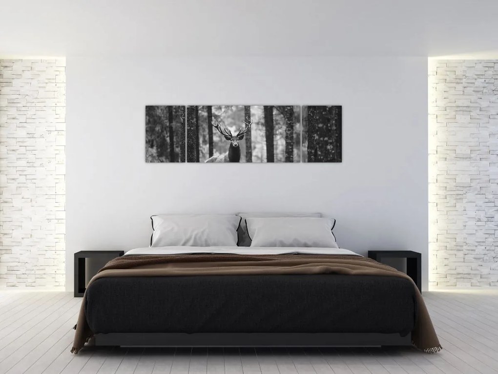 Obraz - Jeleń w lesie 2, czarno - biały (170x50 cm)