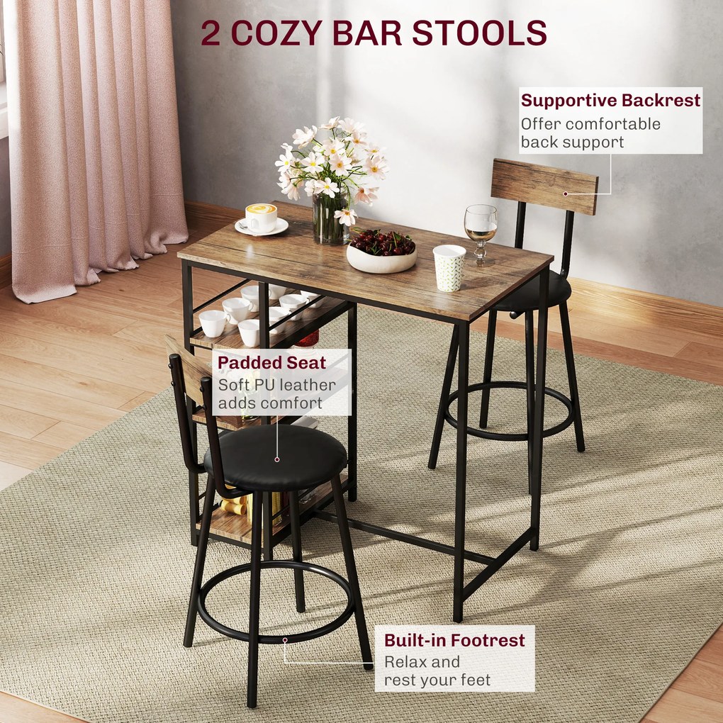 HOMCOM 3-częściowy zestaw do jadalni z ladą barową i 2 krzesłami, Mały zestaw kuchenny z bocznymi półkami, MDF, metal, czarny