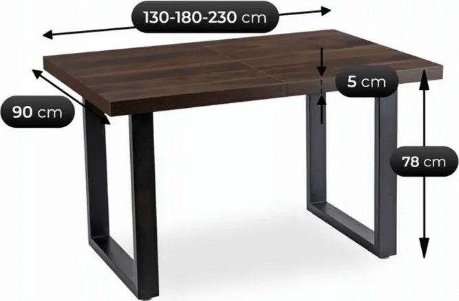 Stół Prostokątny Rozkładany TOMAS 130-230 cm Orzech/Czarny do Jadalni Loft