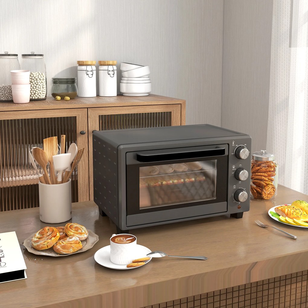 HOMCOM Minipiekarnik, 21 L Piekarnik tosterowy z 1 rusztem i 1 blachą, 3 tryby gotowania, 100 °C-230 °C, Stal nierdzewna, Szkło, Szary