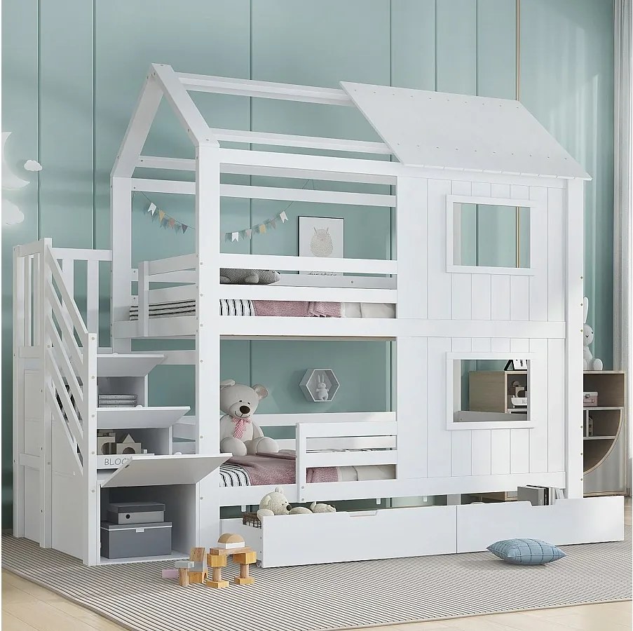 Łóżko piętrowe dla dzieci - 2 x 90 x 200 cm - ze schodkami do przechowywania + 2 szuflady + okna i dach - sosna + MDF + sklejka - białe