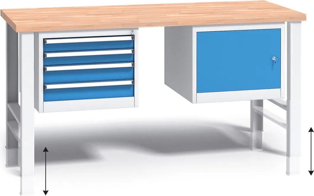 Stół warsztatowy z regulacją wysokości G3, 1700 x 685 x 840-1050 mm, 1x 4 szufladowy kontener, 1x szafka, niebieski
