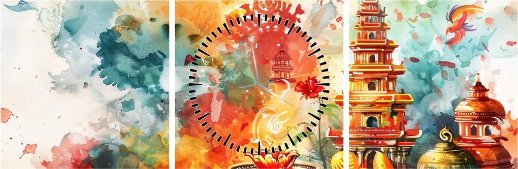 Obraz - Ilustracja akwarelowa (z zegarem) (90x30 cm)